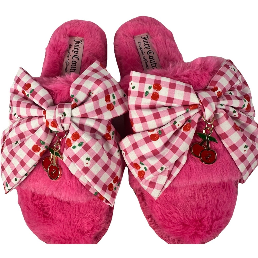 Juicy Couture Cherry Bow Fuzzy Slide Slippers Pink Women's Size L 9/10 NWT